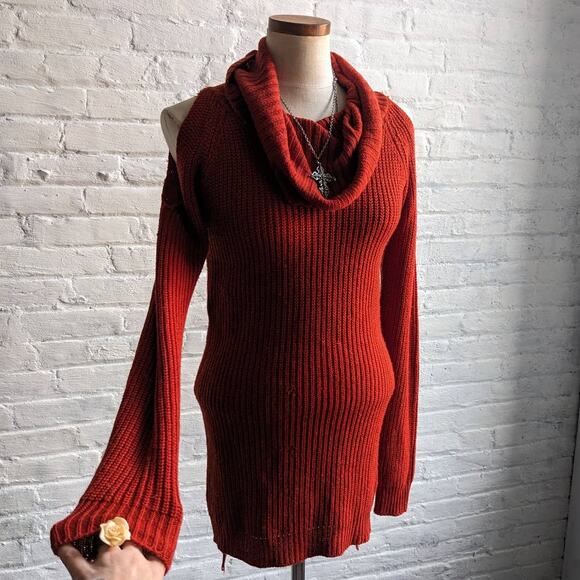 Vintage Dresses & Skirts - Vintage Red Chunky Knit Sweater Dress Sexy Minimalist Chic Cutout Mini Dress
